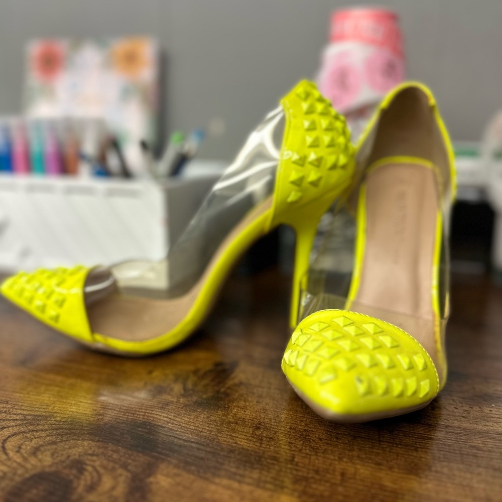 Wild Diva Neon Lime Studded Clear Side Stiletto Heels - Picture 4 of 9